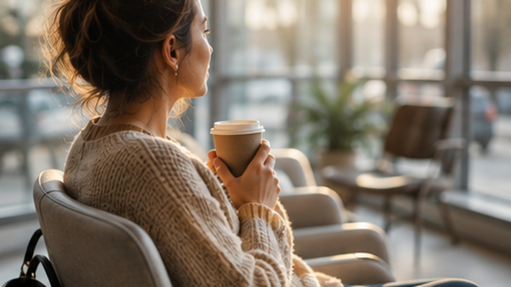 parent sitting quietly with a cup of coffee looking out the window